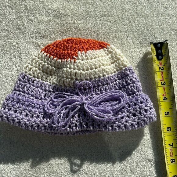 New Handmade crochet purple cream,‎ and orange, cuffed stretchy beanie hat - Picture 6 of 7